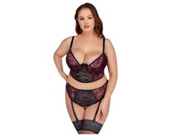 Cottelli Plus Size - podprsenkový set s podväzkovým pásom (čierno-červený)