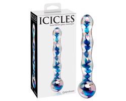 Icicles No. 08 - vlnitý, obojstranný, sklenený dildo (priehľadno-modrý)