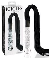 Icicles No. 38 - kožené šľahané, zvlnené sklenené dildo (priesvitno-čierne)