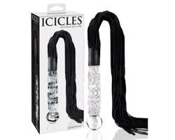 Icicles No. 38 - sklenené dildo s koženým bičíkom (priehľadné-čierne)